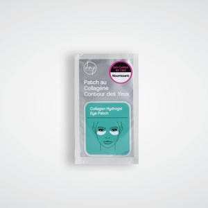 Peut inclure: Un sachet de patchs pour les yeux à usage unique avec le texte "Collagen Hydrogel Eye Patch". Le sachet est blanc avec un graphique turquoise et blanc d'un visage avec des patchs pour les yeux. Le sachet porte également le texte "Patch au Collagène Contour des Yeux".