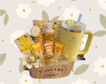 Stanley tumbler "Sunshine" gift Basket with Burt's bees for mom, sister, work birthday, Anniversary, care package, hugs, thank you