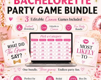 Bachelorette Party Game Bundle, 3 Editable Canva Templates, Bridal Shower, Hen Do