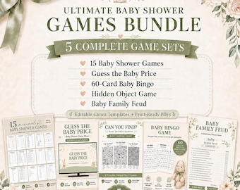 Baby Shower Games Bundle, 5 Game Sets, Editable Canva Templates, Baby Bingo, Guess the Price, Hidden Object, Family Feud