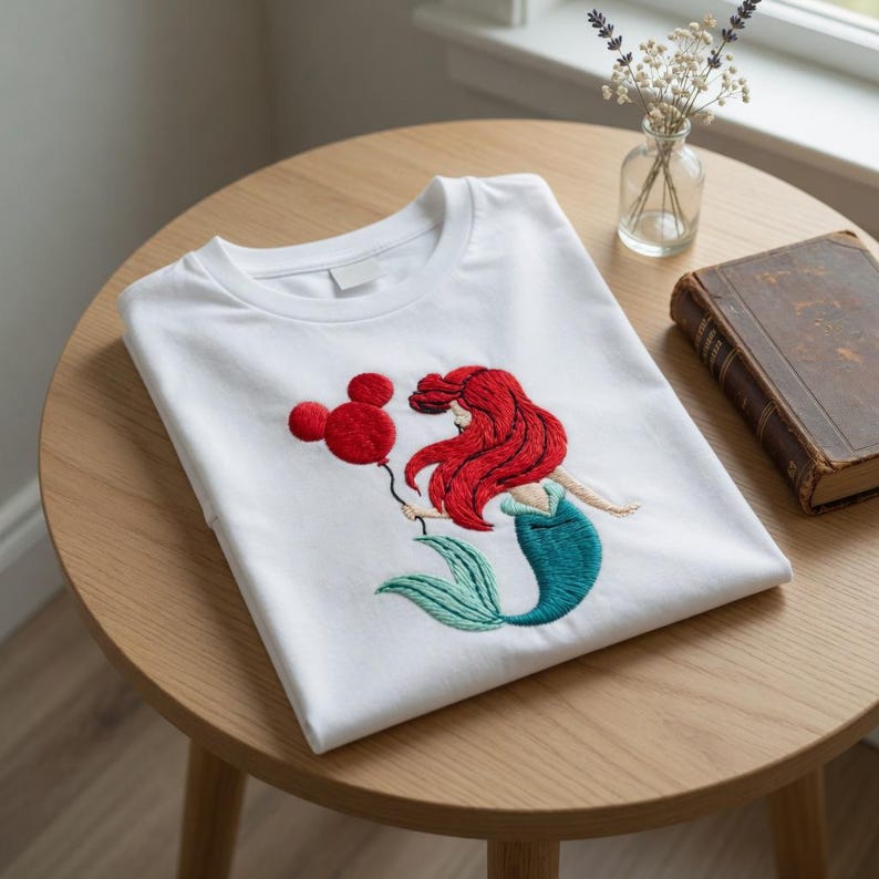 May include: White t-shirt featuring an embroidered design of a mermaid with red hair and a teal tail holding a red Mickey Mouse balloon. The shirt is folded on a wooden table, next to a small vase of flowers and a book.