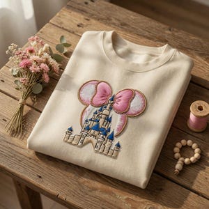 May include: Cream-coloured sweatshirt with an embroidered design of a castle within a pink bow and mouse ears. The castle has blue turrets and a beige facade. The sweatshirt is folded on a wooden surface.