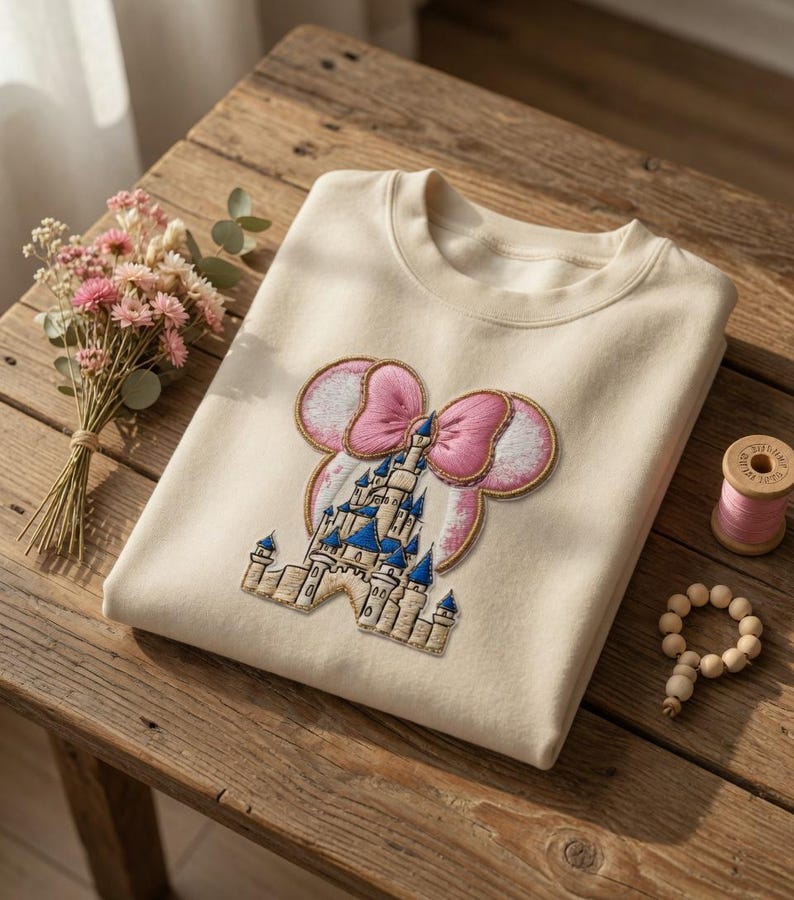 May include: Cream-coloured sweatshirt with an embroidered design of a castle within a pink bow and mouse ears. The castle has blue turrets and a beige facade. The sweatshirt is folded on a wooden surface.