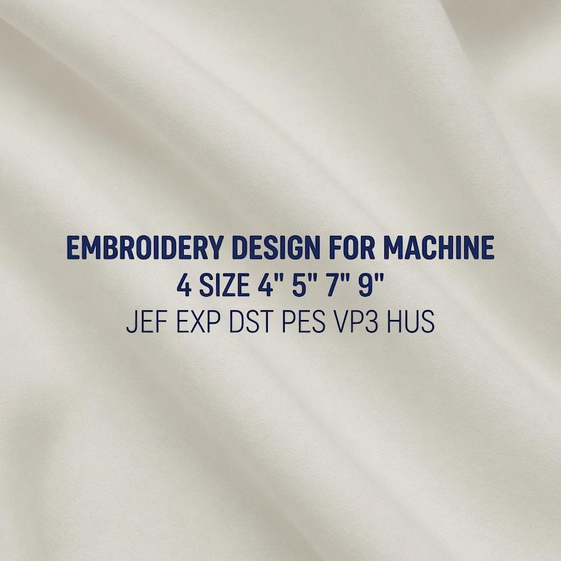 May include: A close-up of a white fabric background with the text "EMBROIDERY DESIGN FOR MACHINE 4 SIZE 4" 5" 7" 9" JEF EXP DST PES VP3 HUS" in dark blue. The image is of a folded, textured fabric.