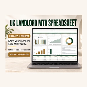 Op de afbeelding: Een laptopscherm met een UK Landlord MTD Spreadsheet dashboard met financiële grafieken en tabellen. De tekst bevat UK LANDLORD MTD SPREADSHEET, 2026/27 tot 2030/31, Know your numbers. Stay MTD-ready., 18 TABS, EXCEL + GOOGLE SHEETS, INSTANT DOWNLOAD.