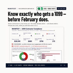 May include: A digital spreadsheet template for 1099 contractor compliance for tax year 2026. The interface displays data fields for contractors, penalty exposure, and filing status, including a donut chart and a bar graph for tracking.
