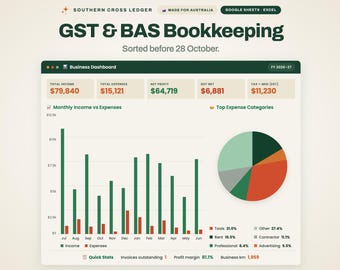 Australian Sole Trader Bookkeeping Spreadsheet | GST BAS Tracker Google Sheets
