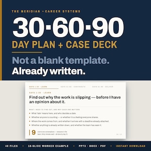 Puede incluir: Un documento digital titulado 30-60-90 DAY PLAN + CASE DECK con fondo azul oscuro y texto en blanco y dorado. El documento incluye una diapositiva titulada DAYS 1-30 LEARN con puntos y el texto Find out why the work is slipping.
