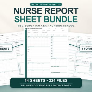May include: A digital bundle of nurse report sheets featuring white paper templates with dark green accents. The text reads Nurse Report Sheet Bundle, Med-Surg, ICU, ER, Nursing School, Patient Loads 1-6 Patients, Each Sheet Comes in 4 Formats, 14 Sheets, 224 Files, Fillable PDF, Print PDF, Editable Word.
