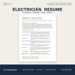 May include: A white electrician resume template with the title "ELECTRICIAN RESUME" in large, bold, black letters. The resume includes sections for professional summary, technical skills, and professional experience. The template is ATS-friendly and editable.