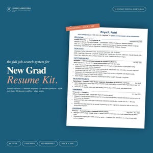 Op de afbeelding: Een teal en witte cv-kit met de tekst "New Grad Resume Kit" en "ATS-Friendly". De kit bevat 5 cv-varianten, 12 outreach-sjablonen, 25 sollicitatievragen en meer. Er wordt ook een voorbeeld-cv getoond.