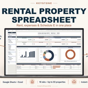May include: A digital rental property spreadsheet displayed on a laptop screen, featuring the title KEYSTONE RENTAL PROPERTY SPREADSHEET. The interface includes financial data, bar charts, pie charts, and tabs for tracking rent and expenses.