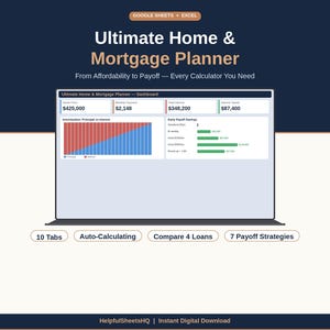 May include: A digital mortgage planner displayed on a laptop screen. The title reads "Ultimate Home & Mortgage Planner." The screen shows financial data, charts, and the text "From Affordability to Payoff - Every Calculator You Need."