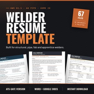 Welder Resume Template | AWS Pipe + Structural | Word Google Docs