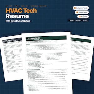 May include: A digital HVAC Tech Resume template featuring a dark blue background with white text. The document includes sections for profile, core competencies, certifications, and professional experience, with labels for Word, Google Docs, and ATS-safe.