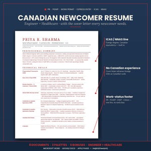 Könnte beinhalten: Ein Lebenslauf-Template mit dem Titel "CANADIAN NEWCOMER RESUME" für Ingenieure und Fachkräfte im Gesundheitswesen. Das Dokument enthält Abschnitte für berufliche Zusammenfassung und technische Fähigkeiten. Das Design hat einen dunkelblauen Hintergrund mit weißem Text und roten Akzenten.