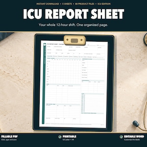 Può includere: Un modello digitale di foglio di rapporto per terapia intensiva visualizzato sullo schermo di un tablet con una clip dorata. Il documento presenta sezioni per dati del paziente, segni vitali e note cliniche. Il testo recita ICU REPORT SHEET.