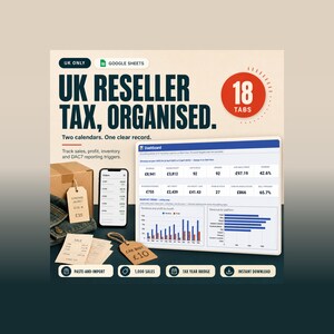 May include: A digital spreadsheet template for UK reseller tax tracking. The graphic displays a dashboard with financial data, a smartphone showing an order list, shipping boxes, and price tags. Text includes UK RESELLER TAX, ORGANISED.