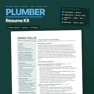 May include: A digital resume template kit for a plumber, featuring a dark green background with white text. The document includes sections for contact information, professional summary, experience, and credentials for a service and commercial plumber.