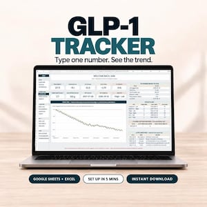 Peut inclure: Un écran d'ordinateur portable affichant un tableur de suivi GLP-1 avec le texte 'Type one number. See the trend.' L'interface comprend des tableaux de données, un graphique linéaire descendant et des boutons 'GOOGLE SHEETS + EXCEL', 'SET UP IN 5 MINS' et 'INSTANT DOWNLOAD'.