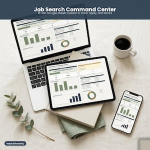 May include: A laptop, tablet, and smartphone display a job search dashboard with charts and graphs. The screens show the text "Job Search Command Center" and "3 of 8 applications this week". A cup of coffee and a sprig of greenery are also present.