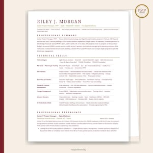 May include: A resume for Riley J. Morgan, a Senior Project Manager with PMP certification. The document lists professional experience, technical skills, and a professional summary. The resume includes contact information and details about project management experience.