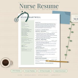 May include: A nurse resume template with the title "Nurse Resume" and the text "Built to pass the ATS". The resume includes a profile section, clinical experience, and education. A stethoscope, a cup of coffee, and a pencil are also visible.