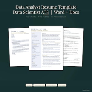 Può includere: Un modello di curriculum per analista di dati con il testo "Data Analyst Resume Template Data Scientist ATS | Word + Docs". Il modello include tre esempi di curriculum con il nome "Quinn A. Rivera" e le parole "Word", "Google Docs", "Apple Pages" e "ATS-Safe".