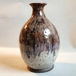 May include: A ceramic vase with a narrow neck and a rounded body. The upper portion features a glossy, dark brown and purple drip glaze, while the lower portion is a speckled, light beige matte finish with a dark brown base rim.