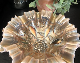 Vintage Carnival Glass Pedestal Bowl Ruffled Compote Iridescent Opalescent Edge Floral Glass Centerpiece Dish