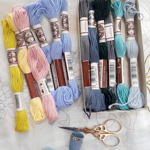 May include: A selection of DMC embroidery floss in various colours, including yellow, pink, and blue, with a box of green, grey, and blue skeins. Gold scissors and two thimbles are also visible. The items are arranged on a white surface.