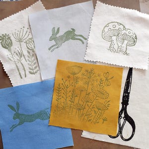 Six cotton/linen patches, silk screen or woodblock printed,  slow stitch, mindfulness, add to clothing, bags, aprons