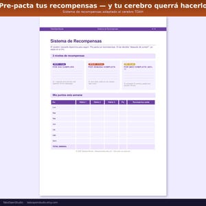 May include: A purple and white reward system chart with the text "Sistema de Recompensas" and "Pre-pacta tus recompensas". The chart includes sections for daily, weekly, and monthly rewards, with space to track points.