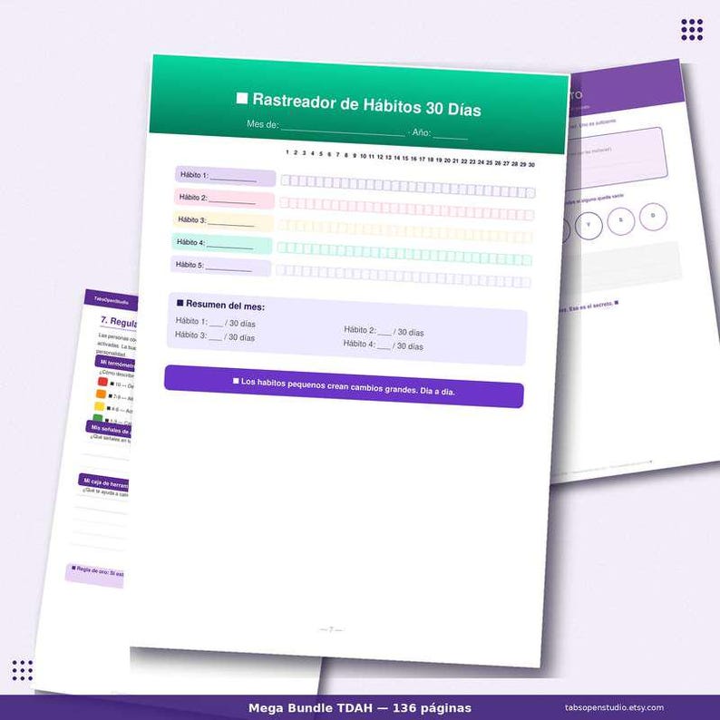May include: A set of printable habit trackers in Spanish, featuring a green and white header with the text "Rastreador de H&aacute;bitos 30 D&iacute;as." The pages include sections for tracking habits, a monthly summary, and the phrase "Los h&aacute;bitos peque&ntilde;os crean cambios grandes. D&iacute;a a d&iacute;a."