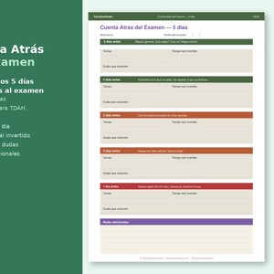 May include: A white document titled "Cuenta Atr&aacute;s del Examen" with a green and white background. The document outlines a 5-day exam preparation plan with strategies for ADHD, including daily topics, inverted real time, doubt control, and additional notes.