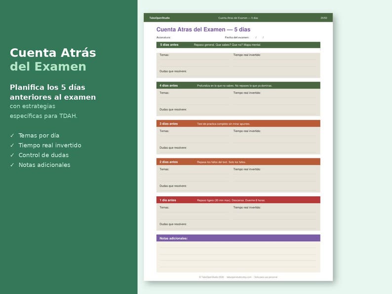 May include: A white document titled "Cuenta Atr&aacute;s del Examen" with a green and white background. The document outlines a 5-day exam preparation plan with strategies for ADHD, including daily topics, inverted real time, doubt control, and additional notes.