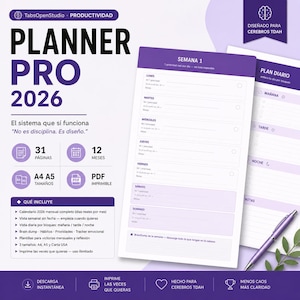 May include: A digital planner in shades of purple and white, featuring the text "PLANNER PRO 2026." The planner includes sections for daily, weekly, and monthly planning, with the text "Designed for ADHD Brains." A pen rests on the planner.