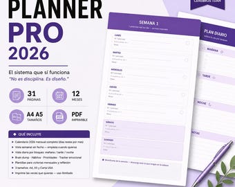 Planner Pro 2026 Español | Monthly, Weekly, Daily PDF Planner (Digital Download)