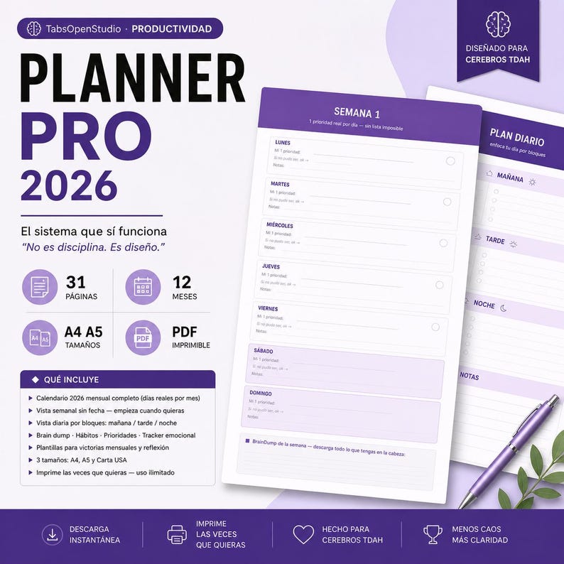 May include: A digital planner in shades of purple and white, featuring the text "PLANNER PRO 2026." The planner includes sections for daily, weekly, and monthly planning, with the text "Designed for ADHD Brains." A pen rests on the planner.