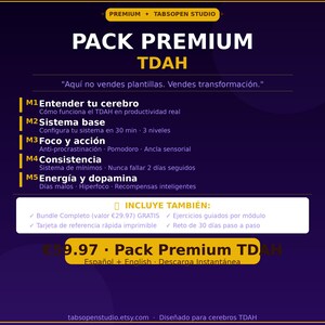 May include: A digital product advertisement with a dark purple background. The text reads "PACK PREMIUM TDAH" in large white letters. Additional text details the product's features, including understanding the brain, focus, and consistency. The product includes a 30-day challenge.