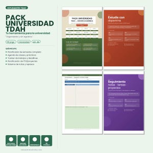 May include: A digital pack for university students with ADHD, featuring a semester planner, class agenda, and project tracker. The pack includes 55 pages and is available in A4 and A5 sizes. The cover has the text "PACK UNIVERSIDAD TDAH".