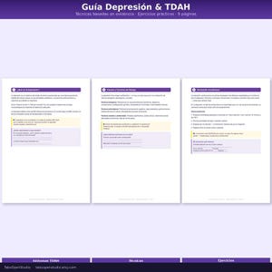 K&ouml;nnte beinhalten: Ein spanischsprachiger Leitfaden mit dem Titel "Gu&iacute;a Depresi&oacute;n & TDAH" mit dem Text "T&eacute;cnicas basadas en evidencia Ejercicios pr&aacute;cticos. 9 p&aacute;ginas." Der Leitfaden bietet Informationen zu Depressionen und ADHS, einschlie&szlig;lich Symptomen, Techniken und &Uuml;bungen.