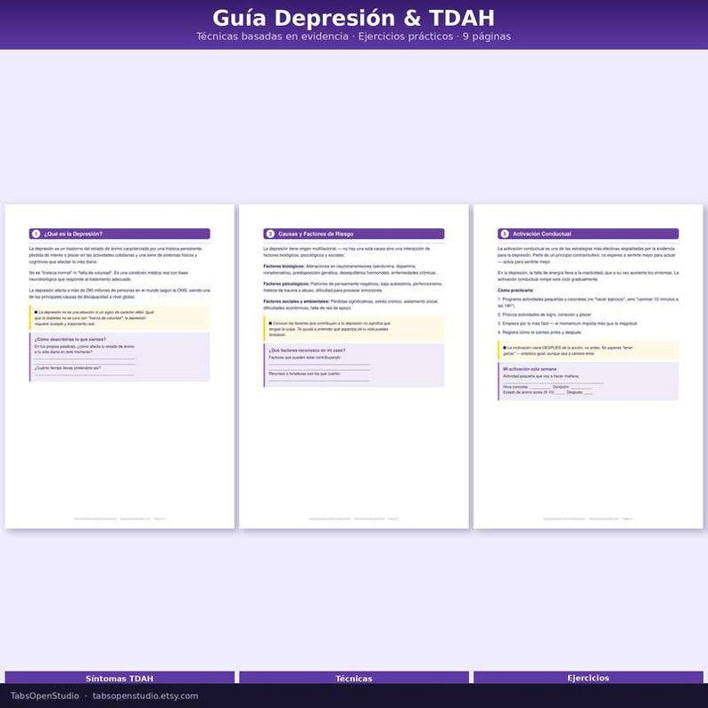 K&ouml;nnte beinhalten: Ein spanischsprachiger Leitfaden mit dem Titel "Gu&iacute;a Depresi&oacute;n & TDAH" mit dem Text "T&eacute;cnicas basadas en evidencia Ejercicios pr&aacute;cticos. 9 p&aacute;ginas." Der Leitfaden bietet Informationen zu Depressionen und ADHS, einschlie&szlig;lich Symptomen, Techniken und &Uuml;bungen.