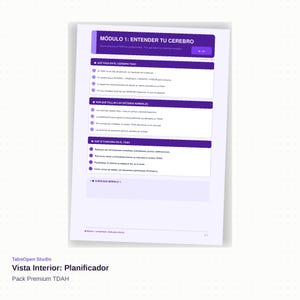 May include: A white planner with purple and blue accents. The planner's cover features the text "M&Oacute;DULO 1: ENTENDER TU CEREBRO" and "Vista Interior: Planificador". The planner is designed by TabsOpen Studio and is part of the Pack Premium TDAH.