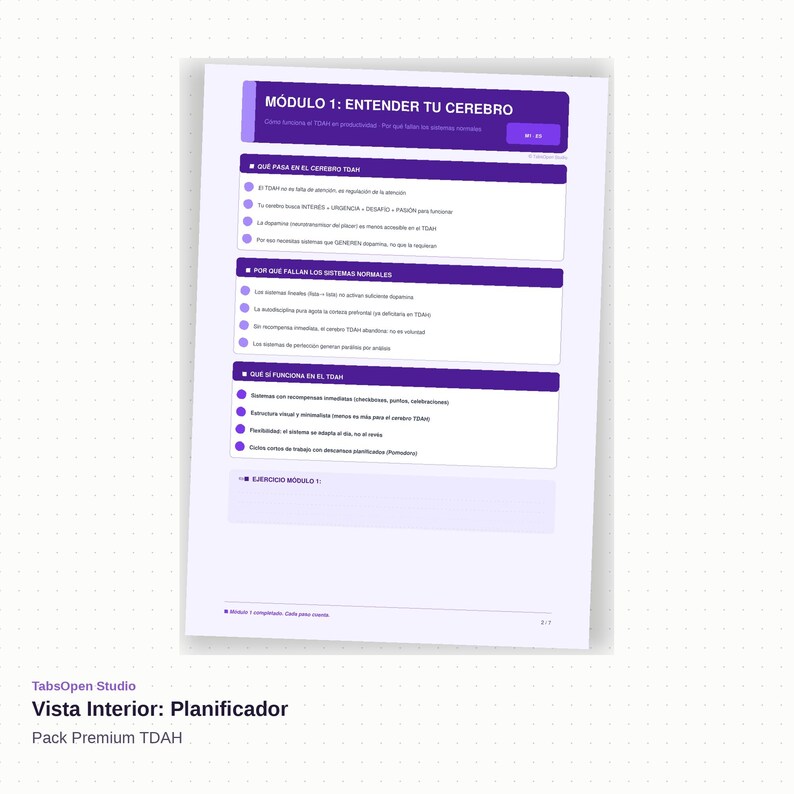 May include: A white planner with purple and blue accents. The planner's cover features the text "M&Oacute;DULO 1: ENTENDER TU CEREBRO" and "Vista Interior: Planificador". The planner is designed by TabsOpen Studio and is part of the Pack Premium TDAH.