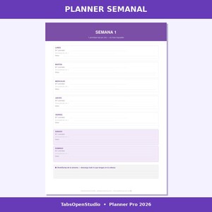 May include: A weekly planner with a purple and white design. The text "PLANNER SEMANAL" is at the top, with "SEMANA 1" below it. The planner includes sections for each day of the week, with space for notes and priorities.