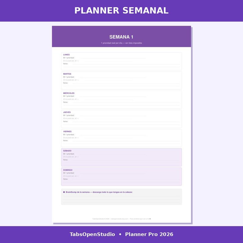 May include: A weekly planner with a purple and white design. The text "PLANNER SEMANAL" is at the top, with "SEMANA 1" below it. The planner includes sections for each day of the week, with space for notes and priorities.