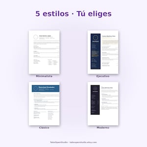 May include: Image showcasing four resume templates with different design styles: Minimalist, Executive, Classic, and Modern. Each template features a name and professional layout. The text "5 estilos - T&uacute; eliges" is at the top, with the Etsy shop URL at the bottom.