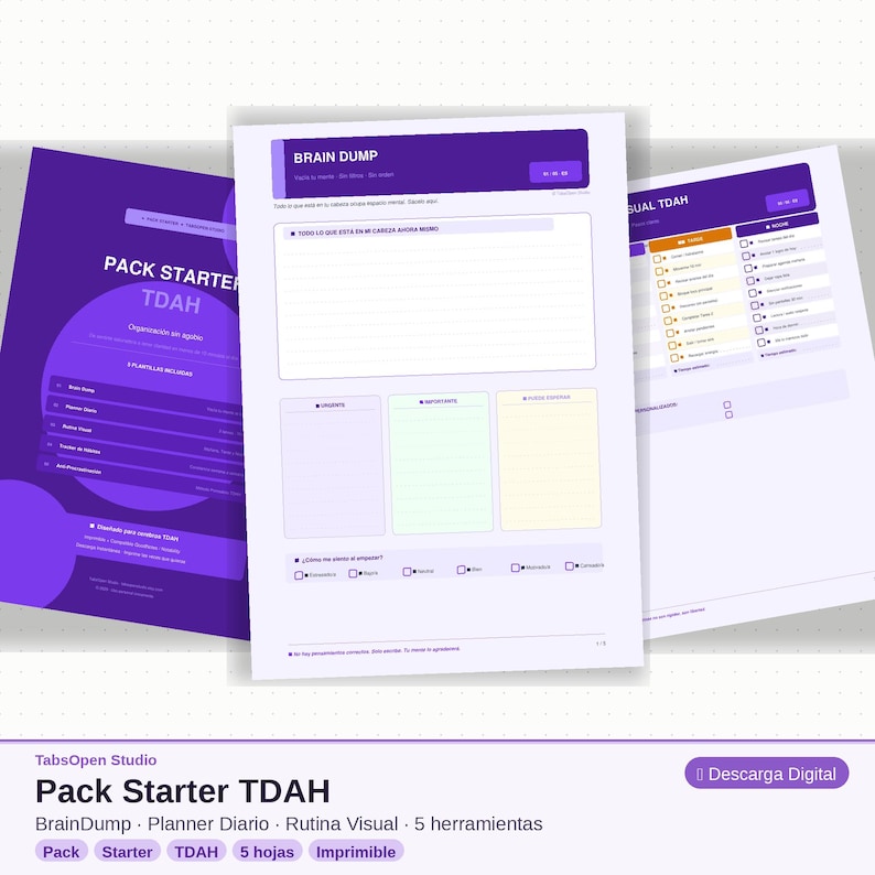 May include: A digital pack for TDAH, featuring a purple and white design. The pack includes a BrainDump, daily planner, visual routine, and other tools. The text on the pack reads "Pack Starter TDAH" and "Descarga Digital".