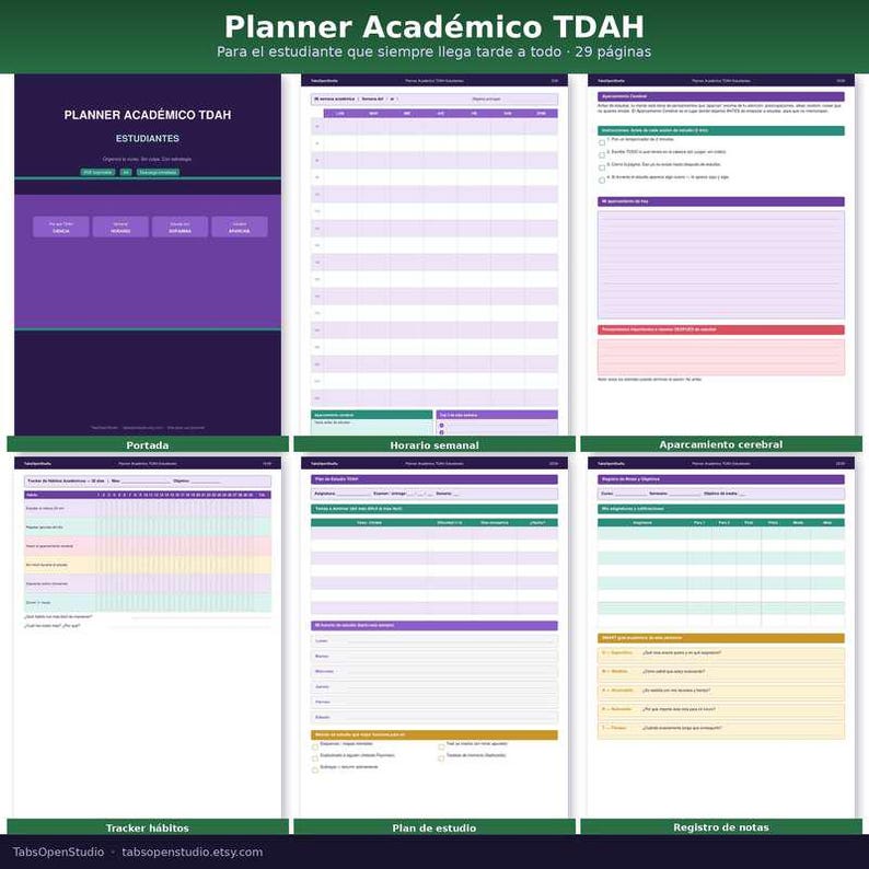 May include: A digital planner titled "Planner Acad&eacute;mico TDAH" for students, featuring a purple and green color scheme. The planner includes sections for tracking habits, weekly schedules, study plans, and note-taking, with 29 pages. The Etsy shop name is displayed.